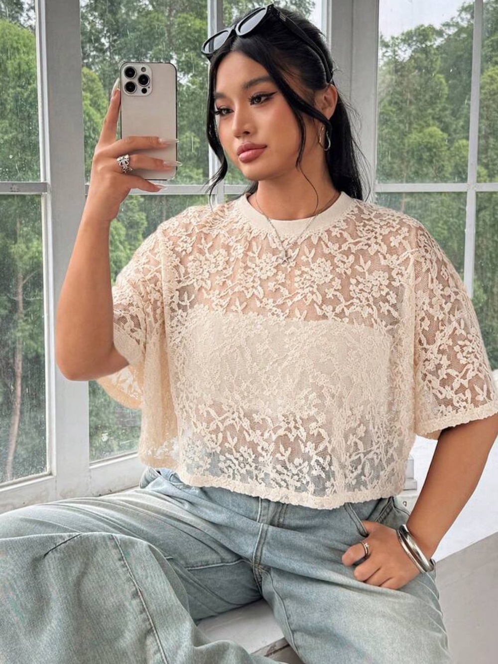 Peach Lace Sheer Short-Sleeve Lace Overlay Top